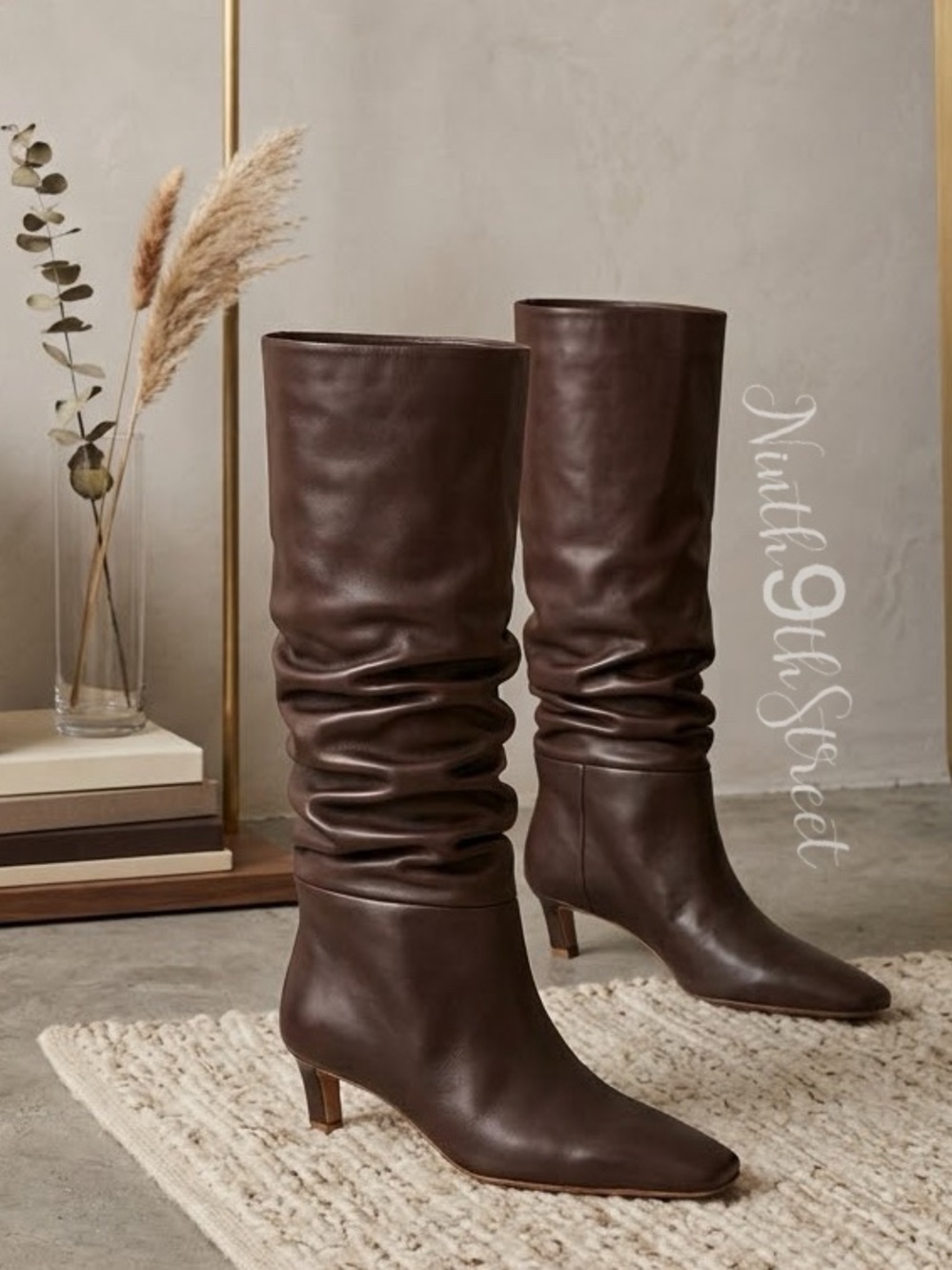ALOHAS Kalila Brown Leather Slouchy Kitten Heel Boots Womens US7 EU38 NIB